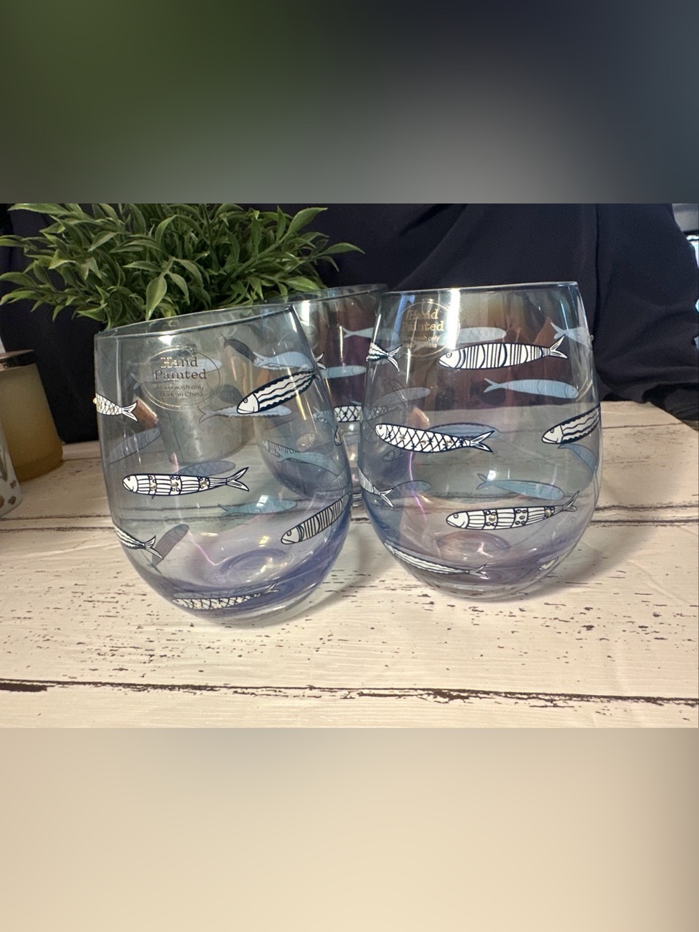 Iridescent Blue Fish Stemless Wine Glasses - Set of 3 Hand Painted